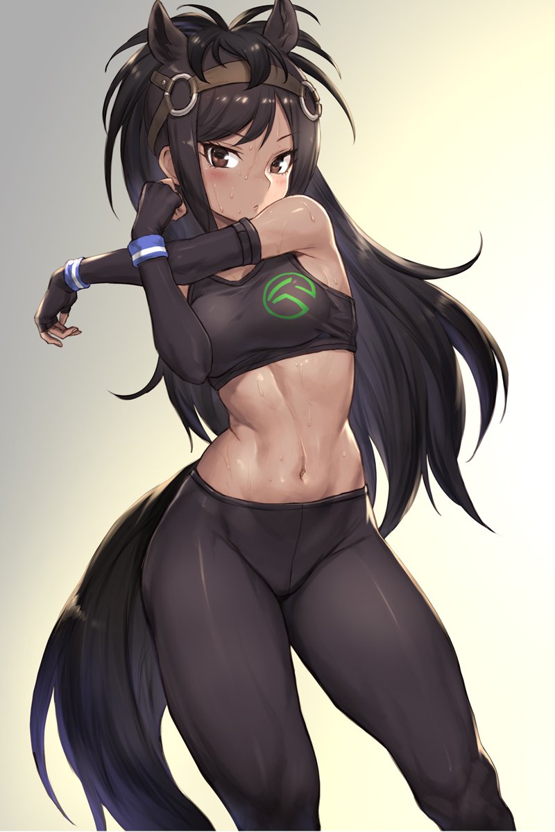 1girl animal_ears black_gloves black_hair black_legwear breasts brown_eyes brown_thoroughbred_(kemono_friends) closed_mouth contrapposto dark_skin dutch_angle elbow_gloves fingerless_gloves gloves gradient gradient_background guchico headgear japan_racing_association kemono_friends leggings long_hair looking_at_viewer medium_breasts midriff navel o-ring simple_background solo sports_bra stretch sweat tail tsurime wristband