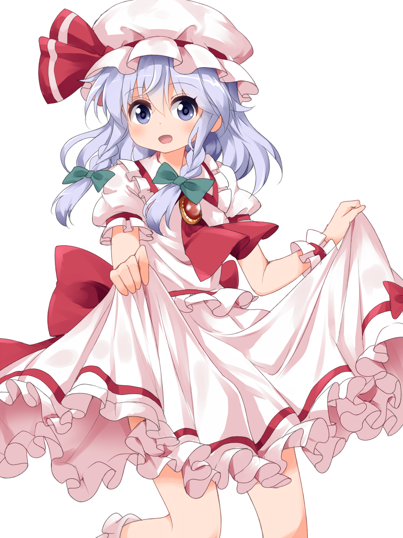 1girl :d ascot blue_eyes bow braid brooch cosplay frilled_skirt frills hair_bow hat hat_ribbon izayoi_sakuya jewelry long_hair looking_at_viewer mob_cap open_mouth puffy_short_sleeves puffy_sleeves remilia_scarlet remilia_scarlet_(cosplay) ribbon ruu_(tksymkw) short_sleeves silver_hair simple_background skirt skirt_hold skirt_set smile solo touhou twin_braids white_background white_skirt wrist_cuffs