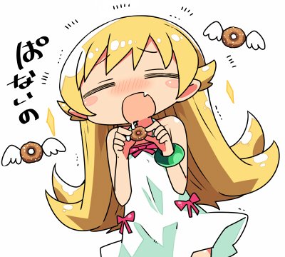 1girl =_= blonde_hair blush blush_stickers bracelet closed_eyes doughnut dress fang food jewelry kanikama long_hair lowres monogatari_(series) open_mouth oshino_shinobu saliva simple_background solo white_background white_dress