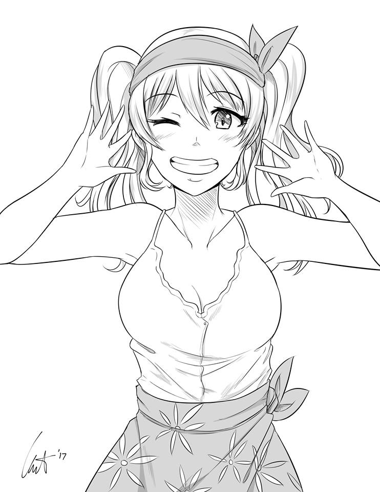 arms_up greyscale grin kantai_collection kashima_(kantai_collection) looking_at_viewer monochrome one_eye_closed open_hand open_hands sarong shirt sleeveless sleeveless_shirt smile spaghetti_strap twintails wangphing wavy_hair