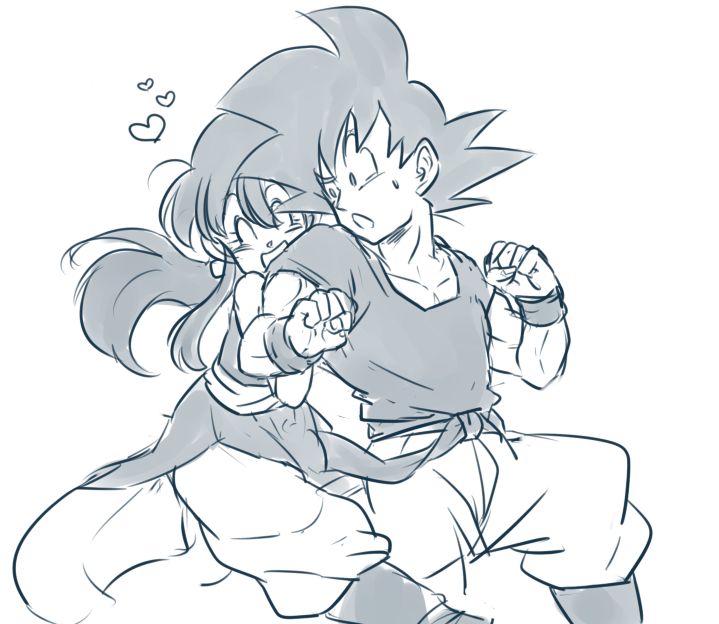 1boy 1girl black_eyes black_hair chi-chi_(dragon_ball) chinese_clothes clenched_hands closed_eyes couple dougi dragon_ball eyebrows_visible_through_hair greyscale happy heart hug hug_from_behind long_hair looking_back monochrome nervous open_mouth ponytail short_hair simple_background smile son_gokuu spiky_hair sweatdrop tkgsize white_background wristband