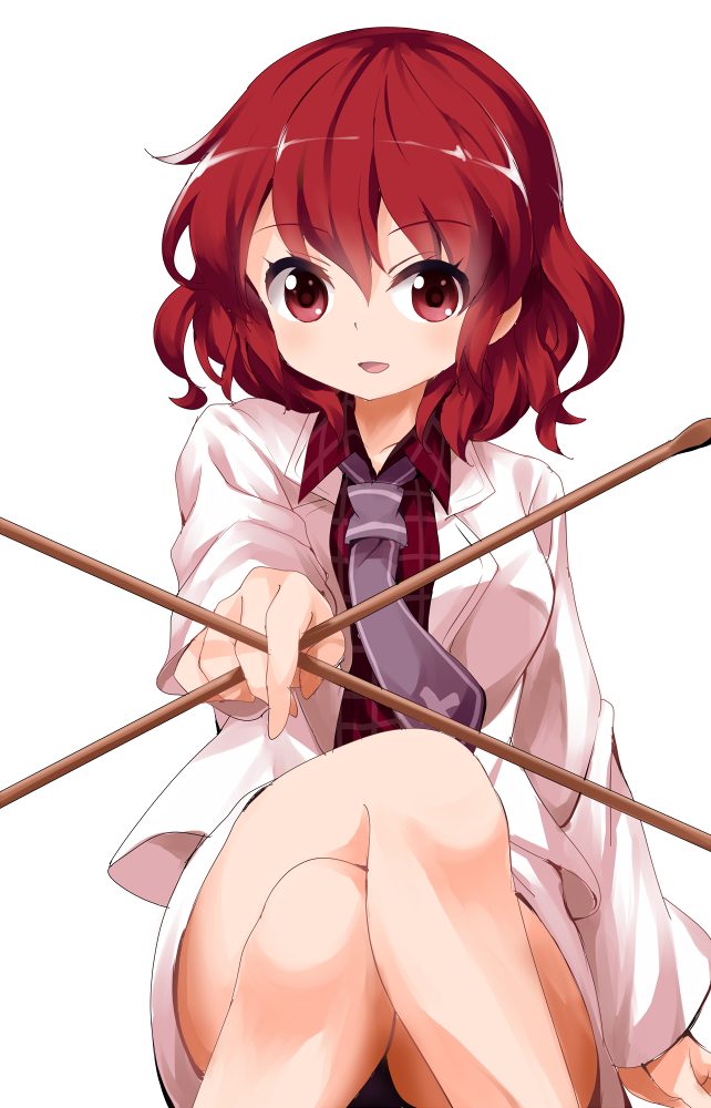 1girl between_fingers drumsticks hair_between_eyes horikawa_raiko jacket legs_crossed looking_at_viewer necktie outstretched_arm plaid plaid_shirt red_eyes redhead ruu_(tksymkw) shirt short_hair simple_background solo touhou white_background white_jacket
