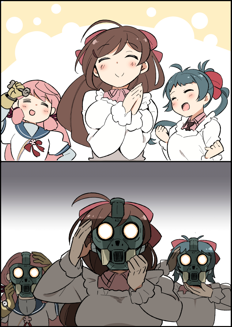 2koma 3girls ahoge akashi_(kantai_collection) blush bow breasts brown_hair closed_eyes comic gas_mask gloves green_hair hair_bow hair_ornament hair_ribbon hairclip irako_(kantai_collection) kantai_collection kappougi leather leather_gloves long_hair long_sleeves mamiya_(kantai_collection) mask military military_uniform multiple_girls naval_uniform necktie open_mouth pink_hair ponytail ribbon school_uniform serafuku shiyoo smile tress_ribbon twintails uniform