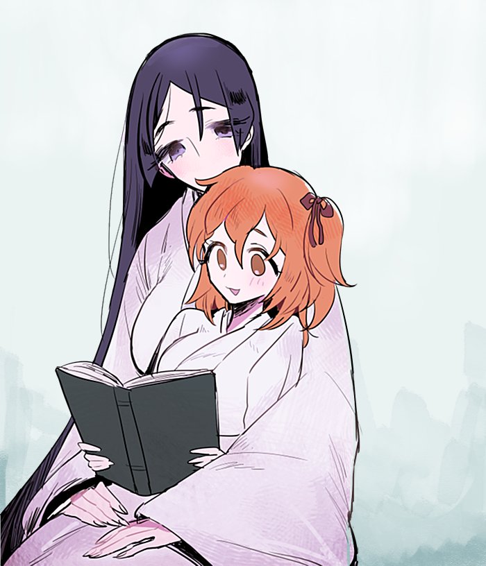 2girls :d blush book breasts commentary_request fate/grand_order fate_(series) fujimaru_ritsuka_(female) hair_between_eyes hair_ribbon holding holding_book japanese_clothes kimono leaning_on_person long_hair long_sleeves minamoto_no_raikou_(fate/grand_order) multiple_girls one_side_up open_mouth orange_eyes orange_hair purple_hair reading ribbon simple_background smile violet_eyes wide_sleeves yorunokonbini