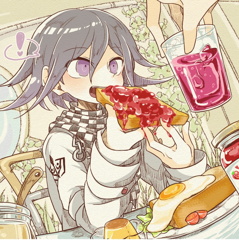 ! 1boy bowl bread chair checkered cup dangan_ronpa drink eating egg food fried_egg hair_between_eyes holding ice_cube jam jar kerchief new_dangan_ronpa_v3 open_mouth ouma_kokichi plate pudding purple_hair sitting soda table toast tomato vegetable violet_eyes