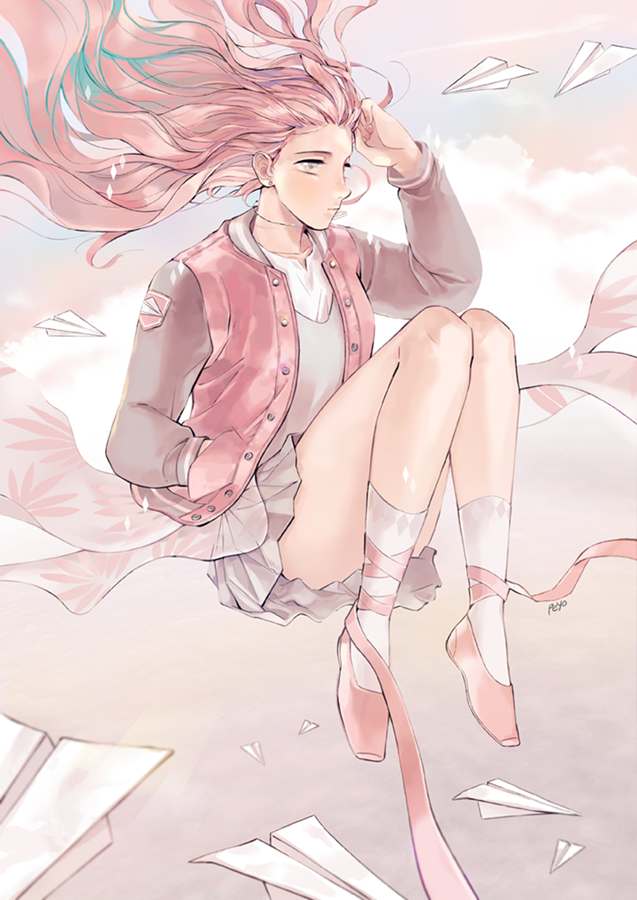 1girl artist_name full_body hand_in_pocket hand_up jacket jewelry long_hair looking_to_the_side necklace original paper_airplane peyo_han pink_eyes pink_hair pink_ribbon pink_shoes ribbon shoes skirt socks white_legwear white_skirt wind