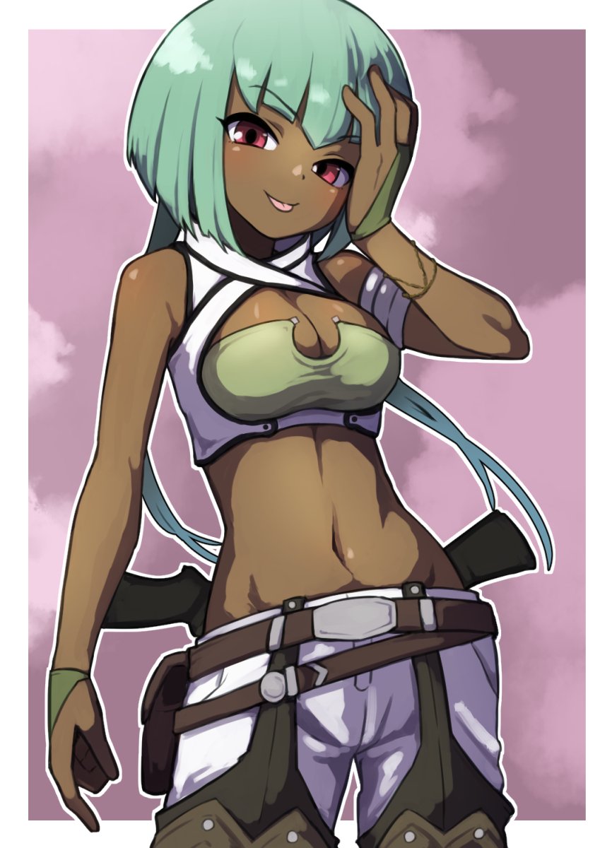 1girl :p armlet bangs bare_shoulders blunt_bangs bob_cut bracelet breasts cleavage cowboy_shot crop_top emerald_sustrai eyebrows_visible_through_hair green_hair hand_on_own_face highres jewelry looking_at_viewer looking_back medium_breasts midriff nauda_rwby navel pants pink_eyes rwby sleeveless solo stomach tongue tongue_out white_pants