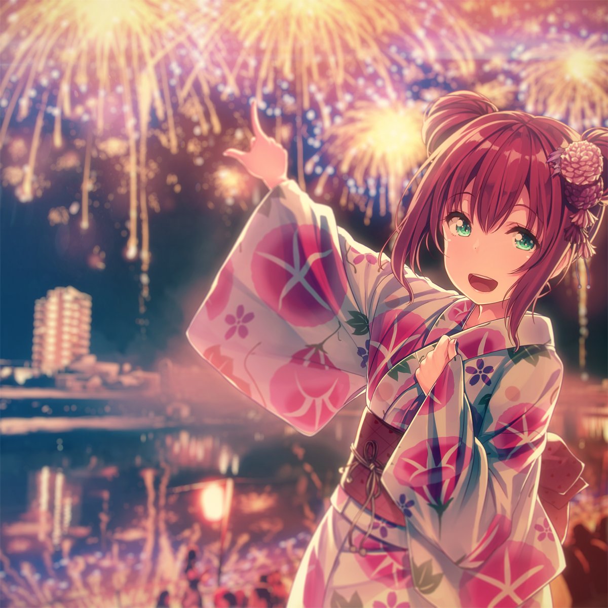 10s 1girl :d alternate_hairstyle aqua_eyes bangs blurry blurry_background clenched_hand commentary_request double_bun fireworks flower hair_flower hair_ornament hand_on_own_chest highres japanese_clothes kanzashi kimono kurosawa_ruby long_sleeves looking_at_viewer love_live! love_live!_sunshine!! obi open_mouth pointing redhead sash sidelocks siva_(executor) smile solo upper_body wide_sleeves