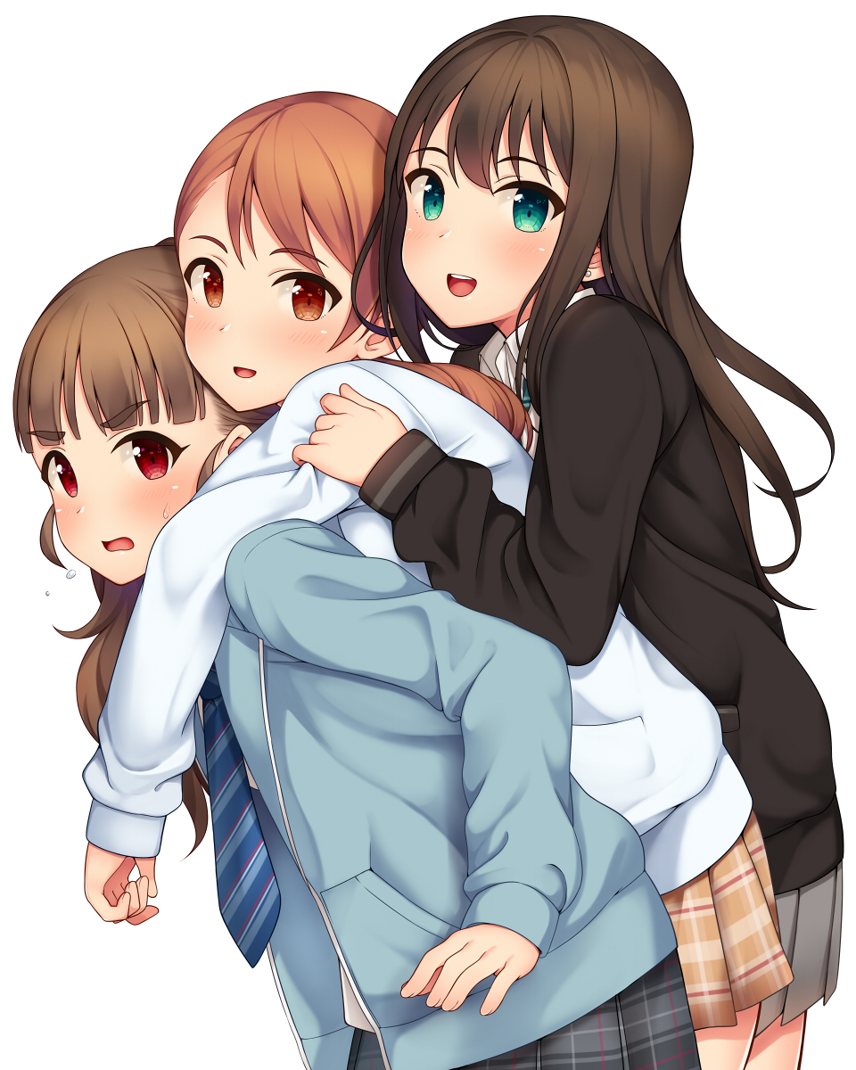 3girls blush brown_eyes brown_hair green_eyes highres hiiragi_hajime houjou_karen hug hug_from_behind idolmaster idolmaster_cinderella_girls kamiya_nao long_hair looking_at_viewer multiple_girls necktie open_mouth red_eyes school_uniform shibuya_rin smile triad_primus white_background