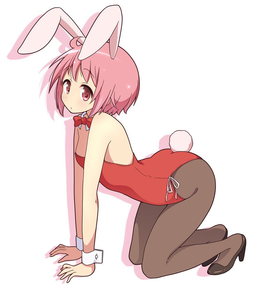 1girl ahoge all_fours animal_ears bangs bare_shoulders black_shoes bow bowtie breasts brown_legwear bunny_day bunny_girl bunny_tail bunnysuit closed_mouth commentary_request detached_collar eyebrows_visible_through_hair full_body high_heels leotard looking_at_viewer mel_(melty_pot) nonohara_yuzuko pantyhose pink_eyes pink_hair rabbit_ears red_bow red_bowtie red_leotard shoes short_hair silhouette simple_background small_breasts solo strapless strapless_leotard tail white_background white_collar wrist_cuffs yuyushiki