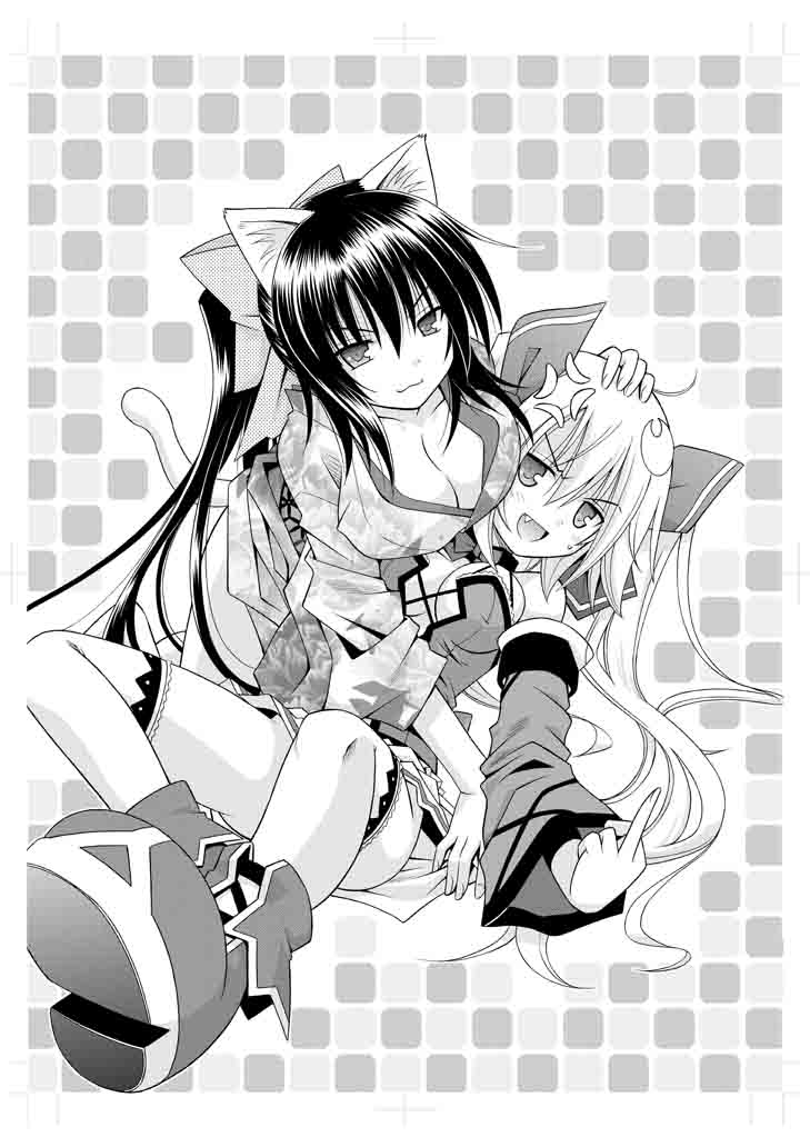 &gt;:3 2girls :3 animal_ears bare_shoulders boots bow breasts cat_ears cat_tail cleavage crescent crescent_hair_ornament crossover demonizer_zilch detached_sleeves dress fang greyscale hair_bow hair_ornament japanese_clothes kanoa_zilch kimono large_breasts long_hair matra_milan monochrome multiple_girls noihara_himari official_art omamori_himari open_mouth ponytail skirt tail thigh-highs twintails