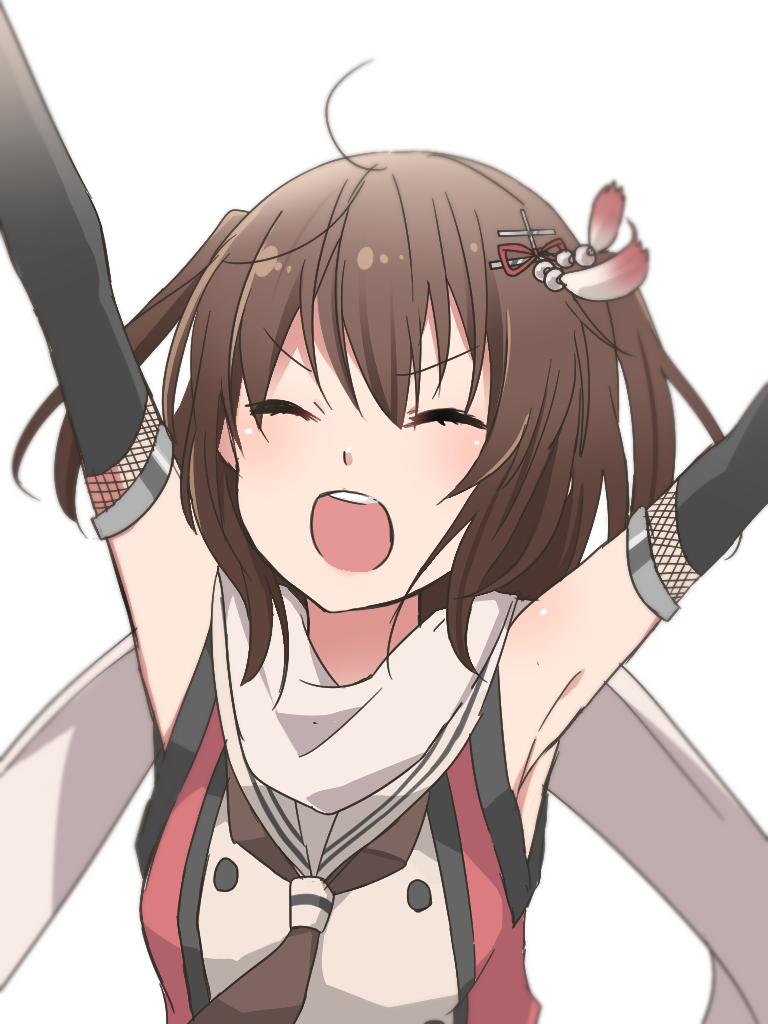 1girl armpits arms_up bare_shoulders black_gloves black_neckerchief blush brown_hair buttons closed_eyes commentary_request elbow_gloves eyebrows_visible_through_hair gloves hair_between_eyes hair_ornament kantai_collection neckerchief open_mouth remodel_(kantai_collection) rinto_(rint_rnt) round_teeth scarf school_uniform sendai_(kantai_collection) simple_background smile solo teeth upper_body white_background white_scarf