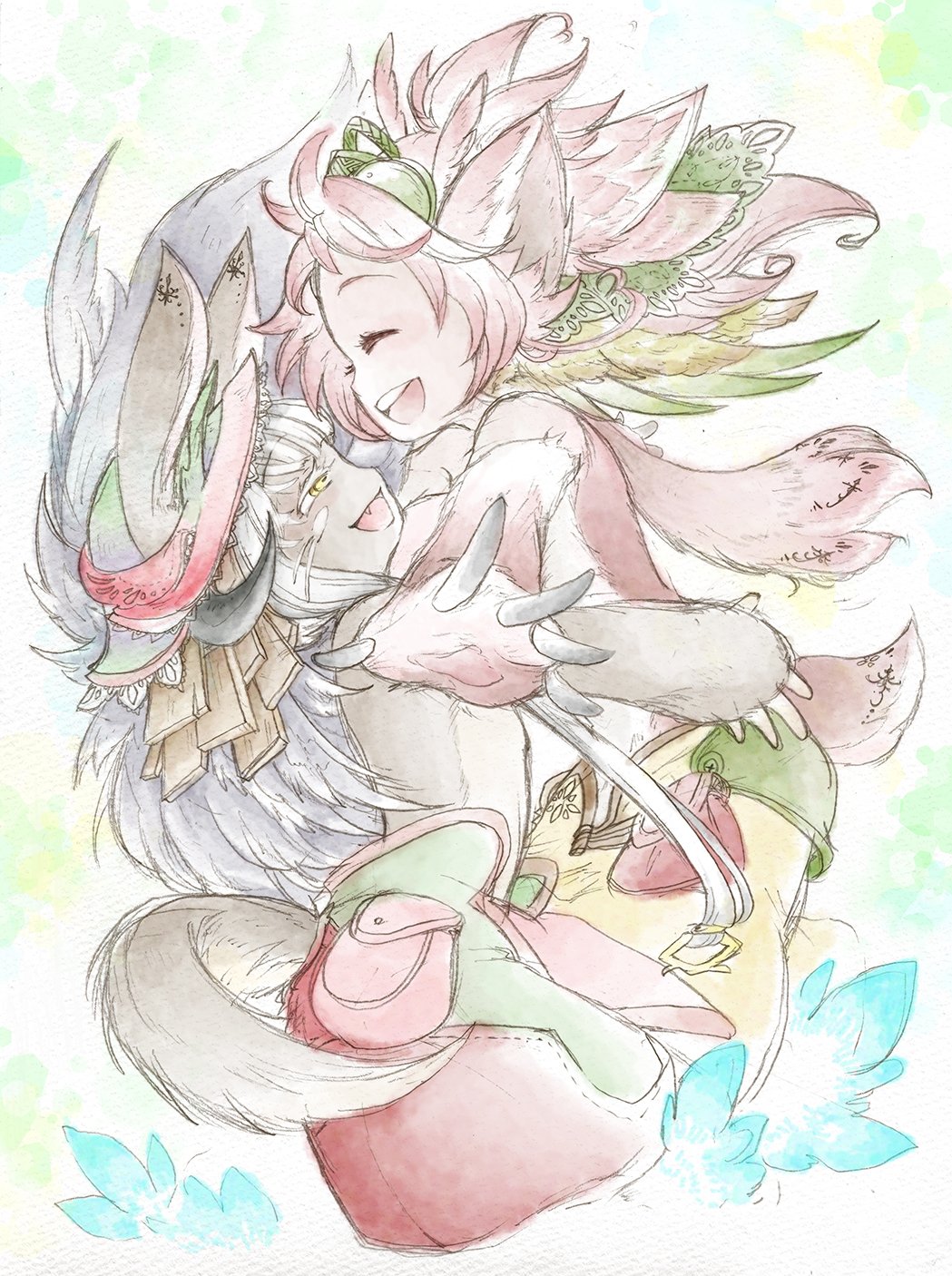 2girls animal_ears big_hat blush closed_eyes fang flat_chest fur hair_ornament highres made_in_abyss mitty_(made_in_abyss) multiple_girls nanachi_(made_in_abyss) open_mouth pink_hair pouch simple_background tail whiskers white_hair yellow_eyes