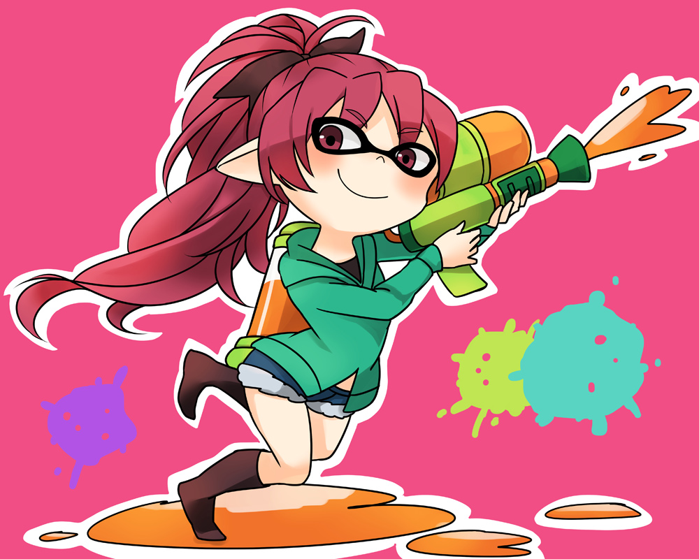 1girl aisawa_natsu boots bow casual chibi cosplay denim denim_shorts domino_mask eyebrows_visible_through_hair full_body hair_bow hands_up high_ponytail holding holding_weapon hood hood_down hoodie ink_tank_(splatoon) inkling long_hair long_sleeves looking_at_viewer mahou_shoujo_madoka_magica mask paint_splatter pointy_ears ponytail red_eyes redhead running sakura_kyouko sakura_kyouko_(cosplay) short_shorts shorts smile solo splatoon splattershot_(splatoon) weapon