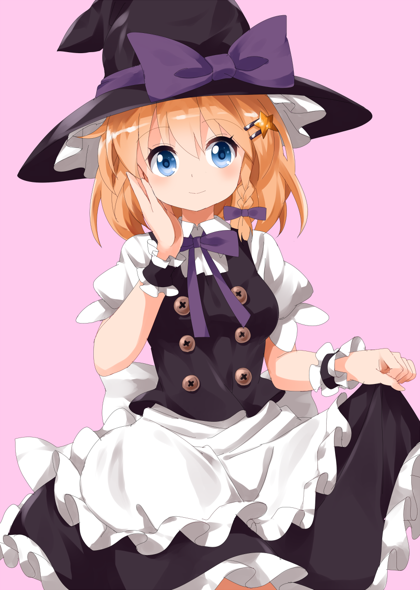 1girl alice_margatroid apron blonde_hair blue_eyes bow braid cosplay hair_ornament hairclip hand_on_own_cheek hat hat_bow highres kirisame_marisa kirisame_marisa_(cosplay) looking_at_viewer pink_background puffy_short_sleeves puffy_sleeves ruu_(tksymkw) short_hair short_sleeves side_braid simple_background single_braid skirt_hold smile solo star star_hair_ornament touhou waist_apron witch_hat wrist_cuffs