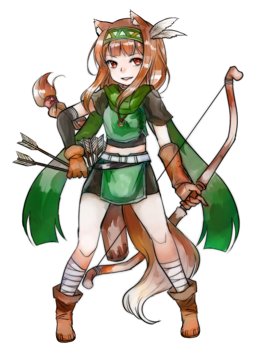 1girl animal_ears ankle_wraps arrow boots bow_(weapon) braid brown_eyes brown_hair commentary_request feathers full_body gloves green_scarf hair_feathers hairband highres holo legs_apart long_hair looking_at_viewer mayumura_basako midriff mismatched_gloves quiver scarf simple_background single_braid solo spice_and_wolf tail weapon white_background wolf_ears wolf_tail