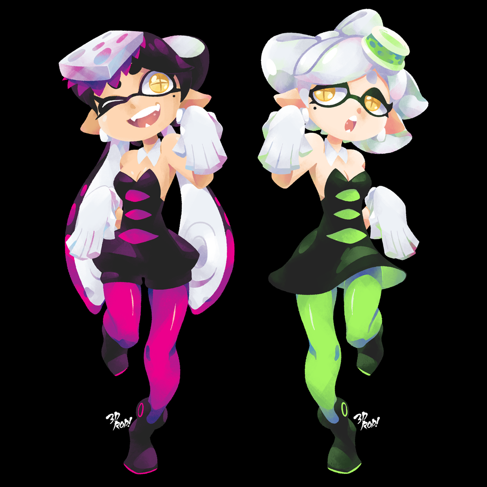 +_+ 2girls 3d_rod! ankle_boots aori_(splatoon) artist_name bangs black_background black_boots black_dress black_hair black_jumpsuit boots breasts brown_eyes cleavage cousins detached_collar domino_mask dress earrings fangs food food_on_head full_body gloves green_legwear grey_hair hotaru_(splatoon) jewelry long_hair looking_at_viewer mask medium_breasts mole mole_under_eye multiple_girls object_on_head one_eye_closed open_mouth pantyhose pointy_ears purple_legwear short_dress short_hair short_jumpsuit simple_background smile splatoon squid_pose standing standing_on_one_leg strapless strapless_dress sushi symmetrical_hand_pose tentacle_hair unitard very_long_hair white_gloves