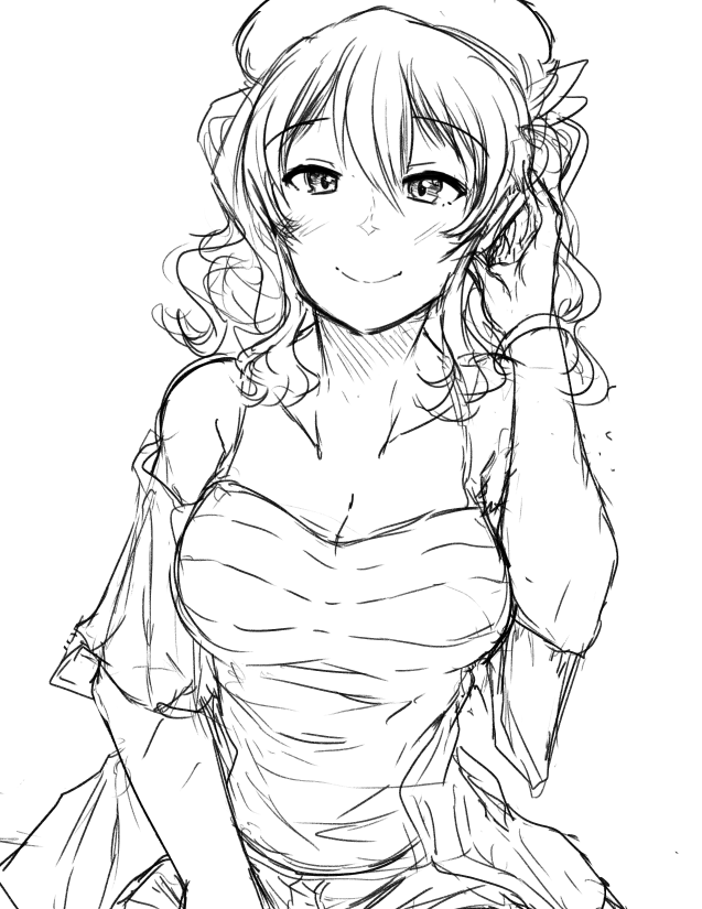 1girl bangs bare_shoulders breasts cleavage closed_mouth dress eyebrows_visible_through_hair facing_viewer greyscale hair_between_eyes hat kantai_collection kashima_(kantai_collection) looking_at_viewer monochrome sketch smile solo tagme wangphing wavy_hair white_background work_in_progress
