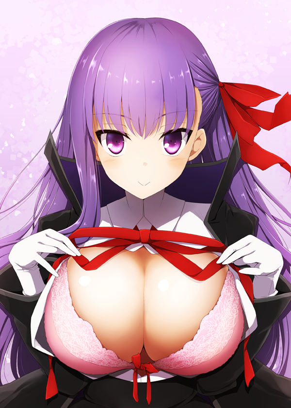 1girl :&gt; bangs bb_(fate/extra_ccc) blush bra breasts cleavage closed_mouth commentary_request eyebrows_visible_through_hair fate/extra fate/extra_ccc fate_(series) gloves hair_ribbon kurikara large_breasts long_hair looking_at_viewer pink_bra purple_hair red_ribbon ribbon smile solo underwear very_long_hair violet_eyes white_gloves