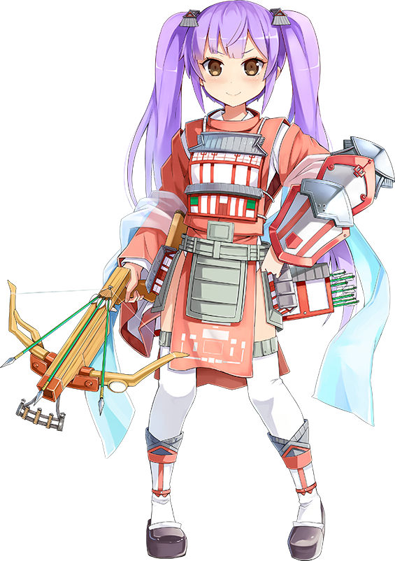 1girl arrow bowgun emerane full_body holding holding_weapon long_hair looking_at_viewer oshiro_project oshiro_project_re purple_hair quiver smile taga_(oshiro_project) thigh-highs transparent_background twintails very_long_hair weapon yellow_eyes