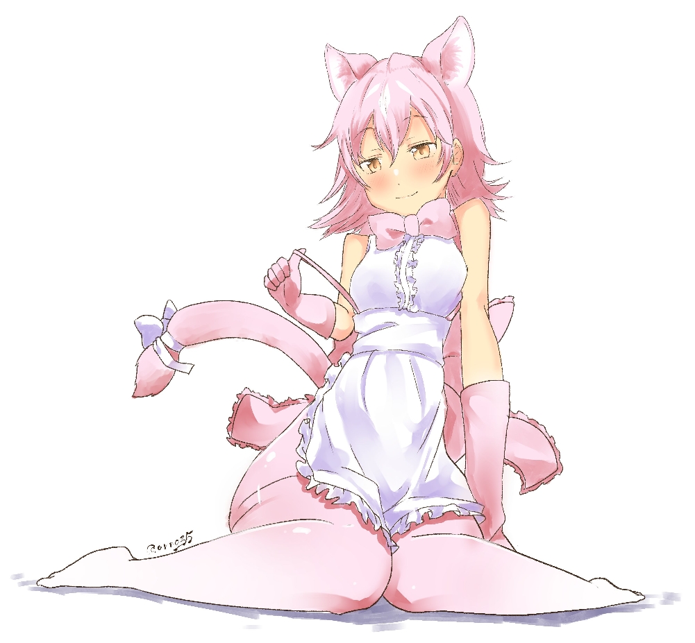 1girl animal_ears apron aranagi_(arng_4401) bare_shoulders blush bow bowtie cat_ears cat_tail eyebrows_visible_through_hair frills gloves holding_strap kemono_friends peach_panther_(kemono_friends) pink_hair pink_legwear sitting solo tail tail_bow thigh-highs