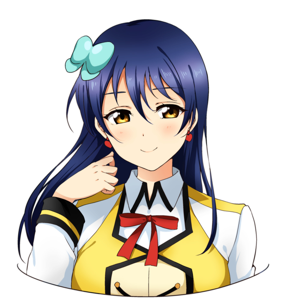 1girl blue_hair blush closed_mouth confetti earrings eyebrows_visible_through_hair heart heart_earrings jewelry long_hair long_sleeves looking_at_viewer love_live! love_live!_school_idol_project smile solo sonoda_umi sunny_day_song upper_body yellow_eyes yumari_nakura