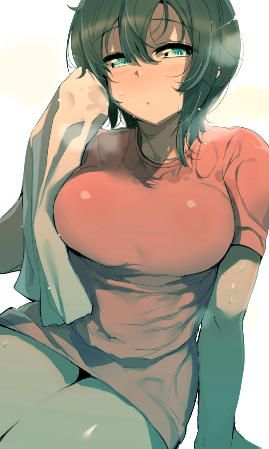 1girl bangs blush breasts breath closed_mouth curvy eyebrows_visible_through_hair green_eyes green_hair hair_between_eyes half-closed_eyes large_breasts looking_at_viewer original osuman_toruko shirt short_sleeves simple_background sitting solo sweat t-shirt thick_thighs thighs white_background wiping_face wiping_sweat