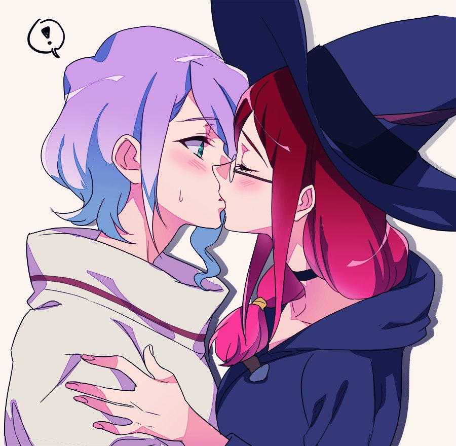 ! 2girls aqua_eyes black_choker blue_clothes blue_hat blue_hoodie blush choker cloak closed_eyes couple croix_meridies female friends from_side glasses half-closed_eyes hand_on_another's_shoulder hat highres hood hooded_cloak hoodie hug kiss lavender_hair little_witch_academia long_hair looking_at_another low-tied_long_hair multiple_girls neck negom redhead shiny_chariot short_hair simple_background sweatdrop thought_bubble upper_body ursula_charistes white_background white_clothes witch witch_hat yuri