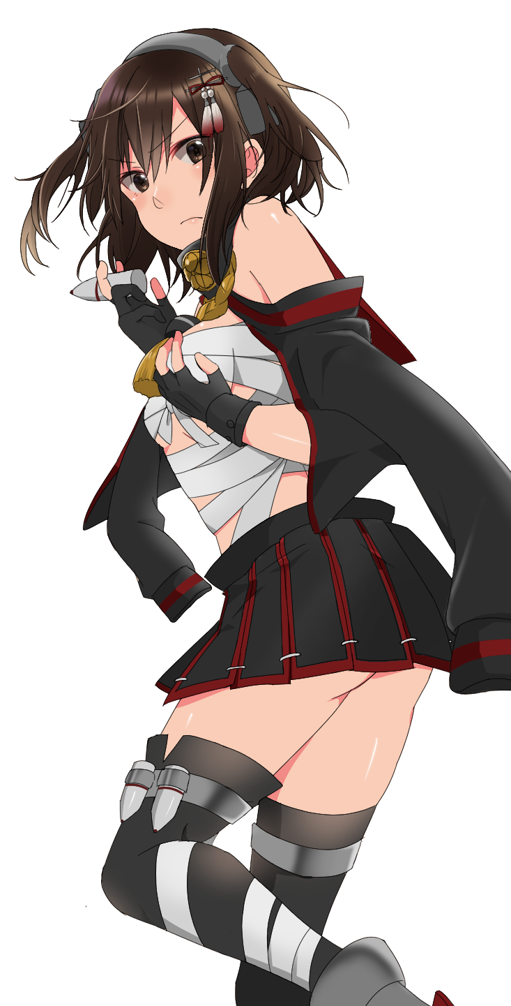 1girl ass black_gloves black_legwear breasts brown_eyes brown_hair cosplay embarrassed eyebrows_visible_through_hair fingerless_gloves gloves hair_ornament hairband highres kantai_collection medium_breasts musashi_(kantai_collection) musashi_(kantai_collection)_(cosplay) pleated_skirt rinto_(rint_rnt) sarashi sendai_(kantai_collection) simple_background skirt solo standing standing_on_one_leg thigh-highs thigh_strap two_side_up wavy_mouth white_background