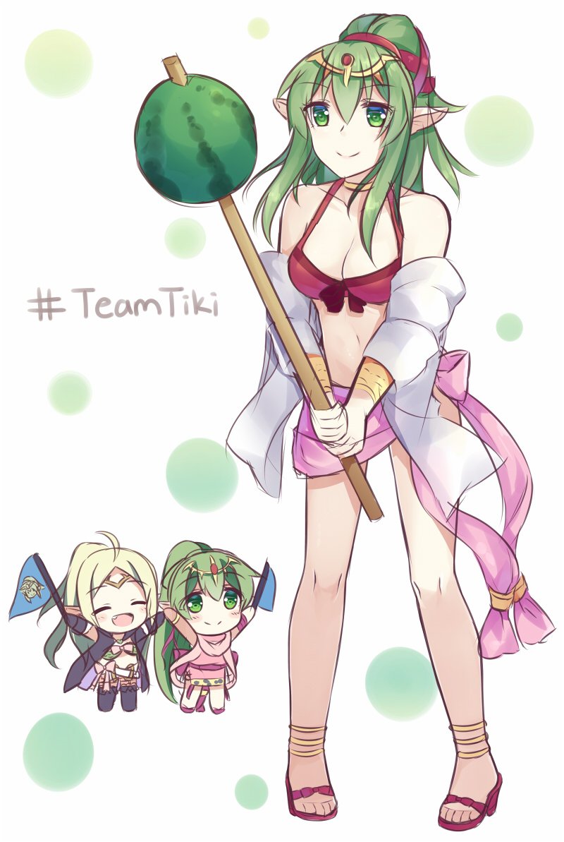 2girls ahoge bangs bikini blush breasts chibi chiki cleavage closed_eyes dizzyworld2 dual_persona fang fire_emblem fire_emblem_heroes food fruit green_eyes green_hair hashtag holding_flag multiple_girls nowi_(fire_emblem) ribbon sidelocks smile stick swimsuit watermelon