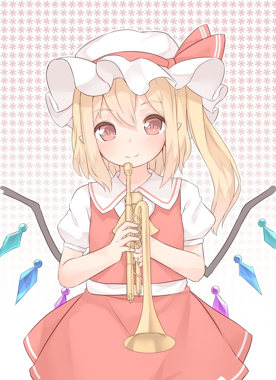 1girl bangs blonde_hair blush bow closed_mouth collared_shirt cowboy_shot eyebrows_visible_through_hair flandre_scarlet hat hat_bow highres holding holding_instrument instrument looking_at_viewer mob_cap pointy_ears red_bow red_eyes red_skirt sakurea shirt short_sleeves side_ponytail skirt skirt_set smile solo touhou trumpet white_hat white_shirt