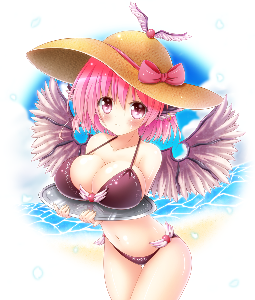 1girl 3: adapted_costume alternate_headwear animal_ears bare_shoulders beach bikini blush bow breast_rest breasts breasts_on_tray brown_bikini cleavage collarbone commentary_request cowboy_shot feathered_wings hat hat_bow highres large_breasts leaning_forward looking_at_viewer mystia_lorelei navel osashin_(osada) pink_eyes pink_hair short_hair solo sun_hat sweatdrop swimsuit touhou tray water wings