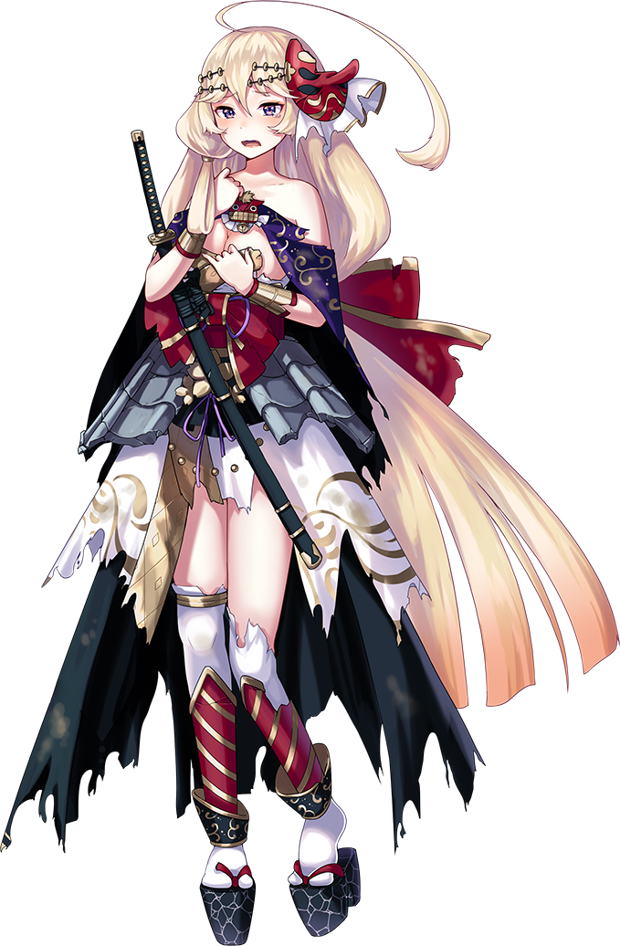 1girl ahoge bare_shoulders blonde_hair blush breasts cleavage full_body hair_ribbon hand_on_own_cheek holding holding_sword holding_weapon katana long_hair low-tied_long_hair mask mask_on_head matsukura_(oshiro_project) official_art oshiro_project oshiro_project_re ribbon sheath sheathed sheep_sleep sword tengu_mask thigh-highs torn_clothes transparent_background very_long_hair violet_eyes weapon