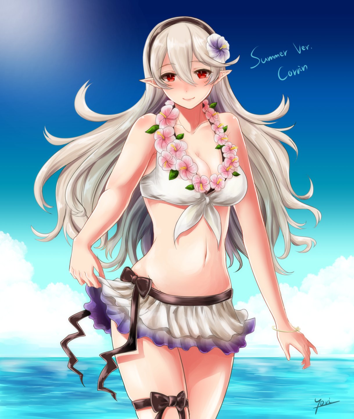 1girl beach bikini cleavage_cutout female_my_unit_(fire_emblem_if) fire_emblem fire_emblem_heroes fire_emblem_if flower full_body hair_flower hair_ornament highres long_hair looking_at_viewer my_unit_(fire_emblem_if) pointy_ears red_eyes skirt smile solo swimsuit white_hair yori_ill