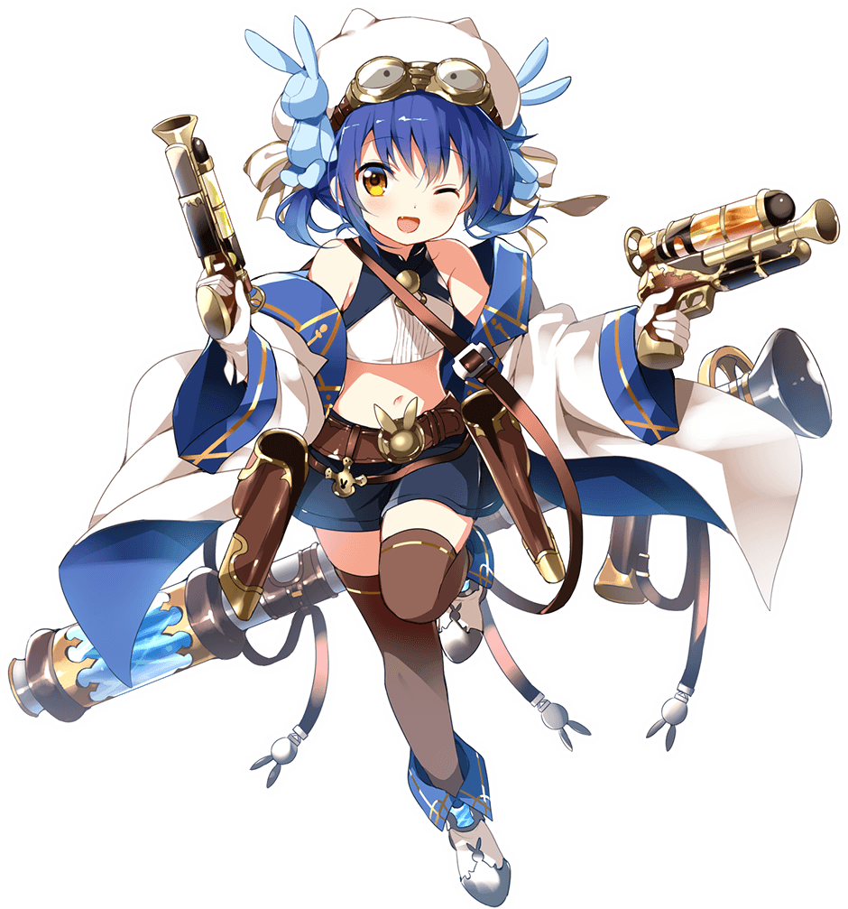 1girl ;d airship animal ankle_boots april_fools bare_shoulders black_hat blue_hair blue_skirt blue_sky blush_stickers boots brown-framed_eyewear brown_legwear bunny_hair_ornament chimame_chronicle clothed_animal clouds collarbone crop_top day dual_wielding full_body gochuumon_wa_usagi_desu_ka? goggles goggles_on_head gun hair_ornament hat holding holding_gun holding_weapon jacket jouga_maya koi_(koisan) long_sleeves looking_at_viewer navel off_shoulder official_art one_eye_closed open_clothes open_jacket open_mouth outdoors skirt sky smile star stomach stuffed_animal stuffed_bunny stuffed_toy thigh-highs transparent_background trigger_discipline weapon white_boots white_hat white_jacket wide_sleeves yellow_eyes zettai_ryouiki