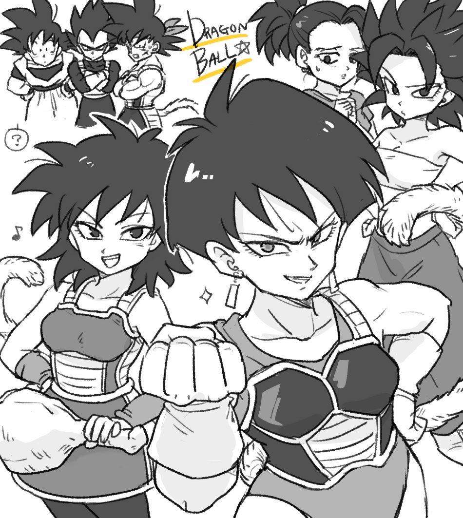 3boys 4girls :d ? armor bandanna bardock black_eyes black_hair caulifla clenched_hands copyright_name crossed_arms dougi dragon_ball dragon_ball_super dragonball_z earrings eyebrows_visible_through_hair food frown gine gloves greyscale hand_on_hip jewelry kale_(dragon_ball) looking_at_another looking_at_viewer meat monochrome multiple_boys multiple_girls musical_note open_mouth quaver serious seripa short_hair simple_background smile son_gokuu sparkle spiky_hair sweatdrop tail tank_top tkgsize vegeta white_background wristband
