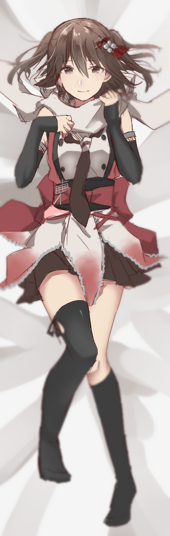 1girl black_eyes black_hair black_legwear black_neckerchief buttons closed_mouth commentary dakimakura elbow_gloves eyebrows_visible_through_hair fingerless_gloves full_body gloves hair_between_eyes hair_ornament kantai_collection kneehighs long_hair looking_at_viewer lying neckerchief no_shoes on_back pleated_skirt remodel_(kantai_collection) rinto_(rint_rnt) scarf school_uniform sendai_(kantai_collection) skirt sleeveless solo two_side_up white_scarf