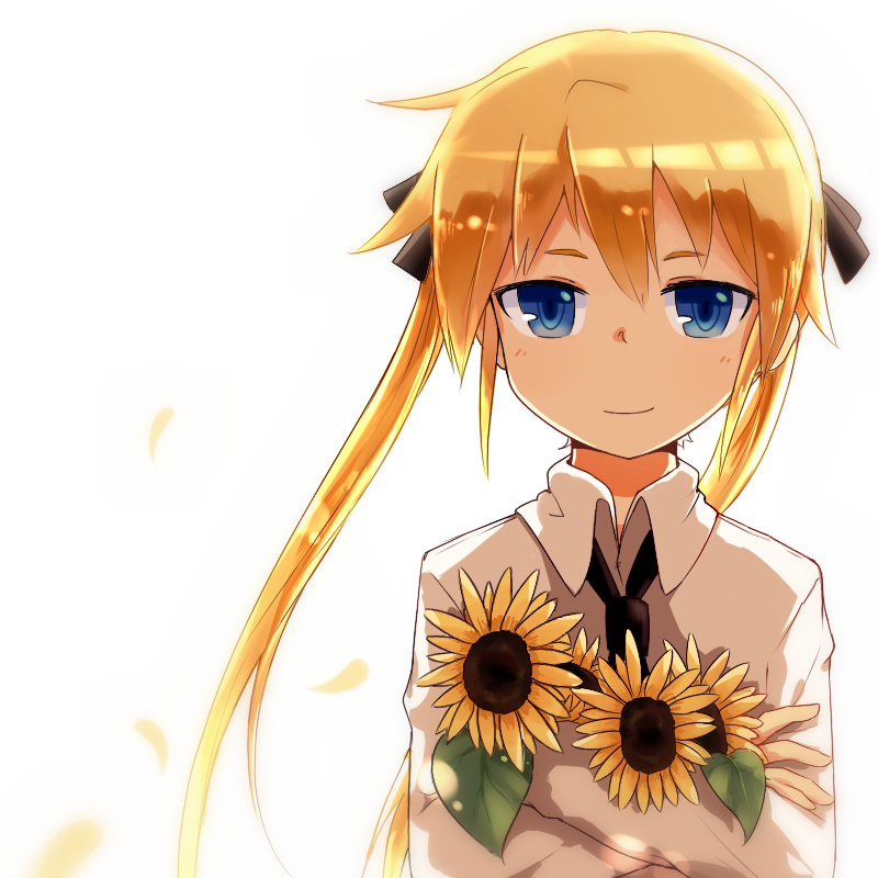 1girl alice_(openhexagon) black_necktie black_ribbon blonde_hair blue_eyes blush closed_mouth eyebrows_visible_through_hair flower hair_ribbon holding holding_flower kill_me_baby long_hair looking_at_viewer necktie ribbon smile solo sonya_(kill_me_baby) sunflower twintails upper_body