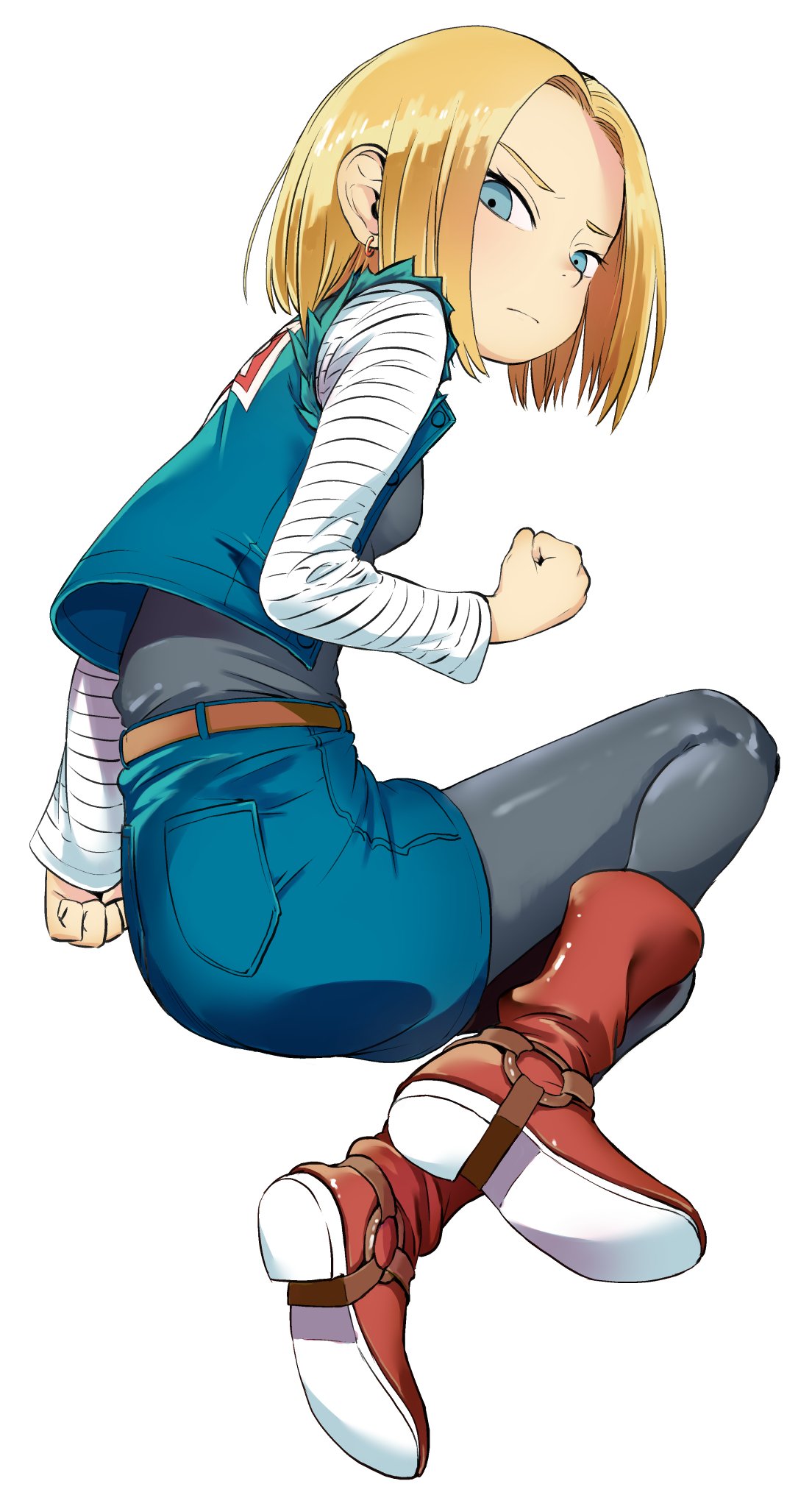 1girl android_18 bangs black_legwear blonde_hair blue_eyes boots breasts dragon_ball dragonball_z earrings from_side full_body highres jacket jewelry long_sleeves looking_at_viewer nakahara_kaihei pantyhose parted_bangs short_hair skirt torn_clothes torn_sleeves