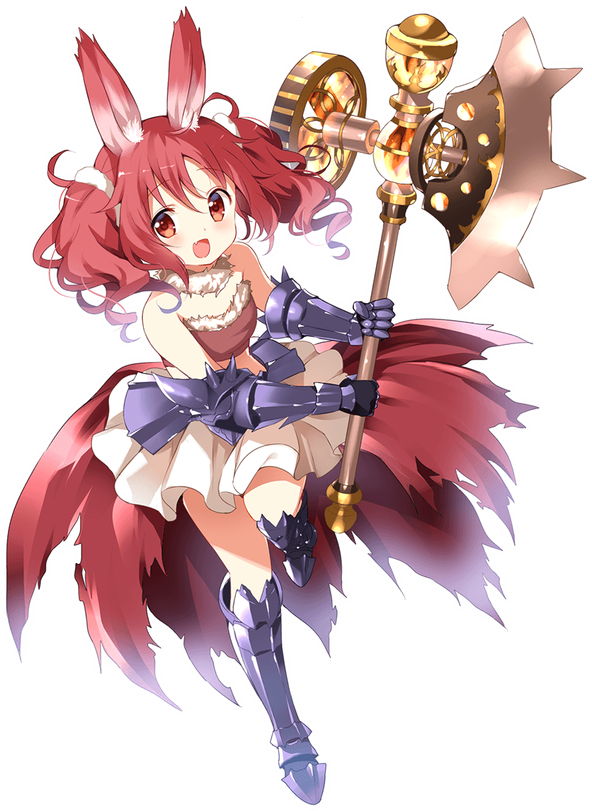 1girl :d airship animal_ears april_fools armor armored_boots axe bandanna bangs bare_shoulders blue_sky blush boots chimame_chronicle day detached_collar eyebrows_visible_through_hair flat_chest full_body fur_collar gauntlets gochuumon_wa_usagi_desu_ka? holding holding_weapon knee_boots koi_(koisan) looking_at_viewer natsu_megumi official_art open_mouth outdoors rabbit_ears skirt sky smile strapless tareme transparent_background tubetop weapon white_skirt