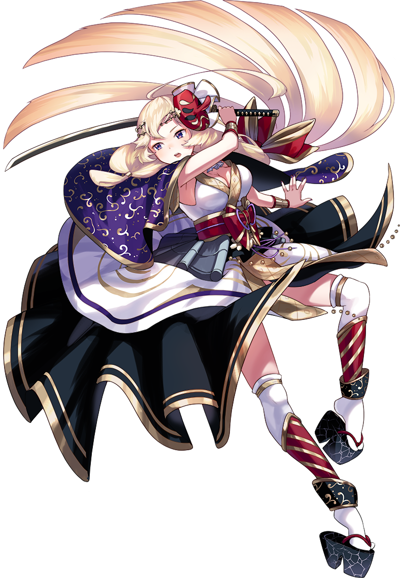1girl ahoge blonde_hair breasts cleavage full_body holding holding_sword holding_weapon katana long_hair low-tied_long_hair mask mask_on_head matsukura_(oshiro_project) official_art oshiro_project oshiro_project_re sheep_sleep sword tengu_mask transparent_background unsheathed very_long_hair violet_eyes weapon