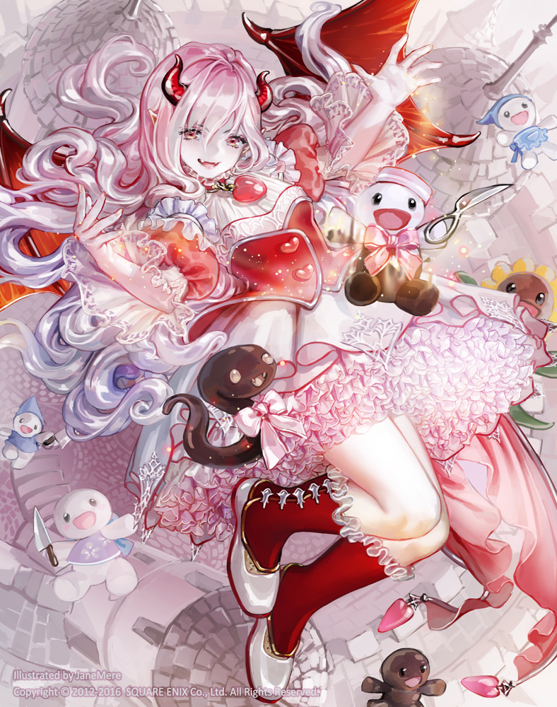 1girl :d artist_name bangs bow castle chains corset demon_horns demon_wings dress fangs fingernails frilled_legwear frills full_body gradient_hair guardian_cross hat heart heart_button holding holding_knife horns jane_mere kneehighs knife lace long_hair multicolored_hair official_art open_mouth petticoat pink_bow pink_dress pink_hair pointy_ears puffy_sleeves red_eyes red_legwear scissors shoes smile snake solo tower very_long_hair wavy_hair white_shoes wings