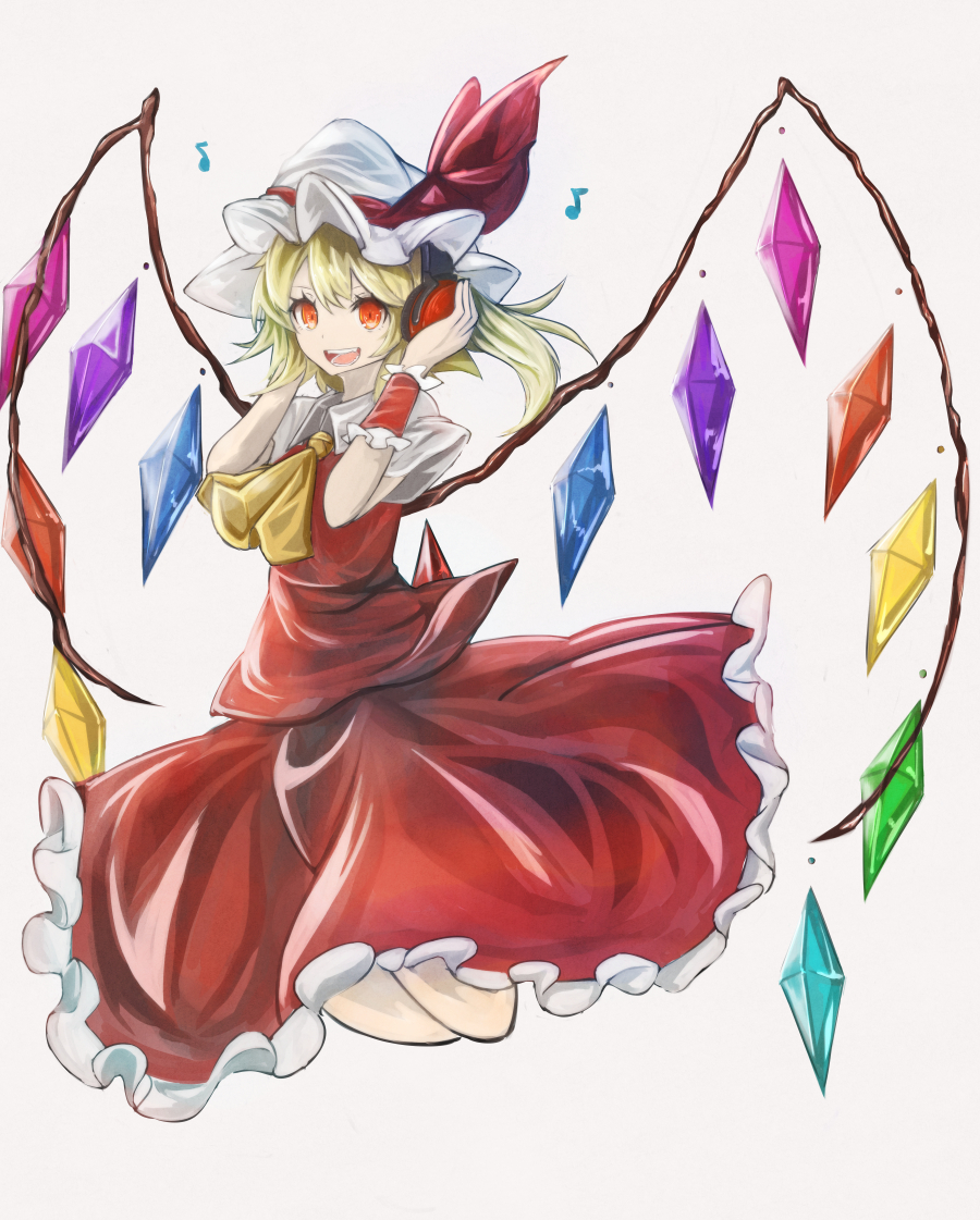 1girl :d ascot bent_knees blonde_hair crystal flandre_scarlet frilled_shirt_collar frilled_skirt frills full_body hat hat_ribbon headphones looking_at_viewer mob_cap musical_note open_mouth psyren2 puffy_short_sleeves puffy_sleeves red_eyes red_ribbon red_skirt red_vest ribbon shirt short_sleeves side_ponytail skirt skirt_set smile solo touhou vest white_shirt wings wrist_cuffs