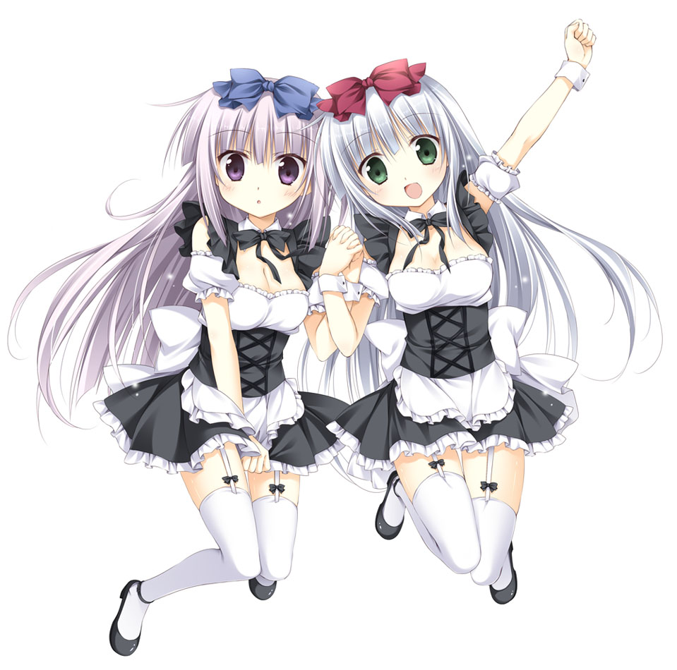 2girls :d :o alice_or_alice apron arm_up bangs black_bow black_dress black_shoes blue_bow blush bow breasts cleavage commentary_request detached_collar detached_sleeves dress eyebrows_visible_through_hair frilled_apron frills full_body garter_straps green_eyes hair_bow hand_holding interlocked_fingers jumping korie_riko lavender_hair long_hair looking_at_viewer matching_outfit medium_breasts multiple_girls official_art open_mouth puffy_detached_sleeves puffy_short_sleeves puffy_sleeves red_bow shoes short_dress short_sleeves siblings sidelocks silver_hair simple_background sisters smile thigh-highs thigh_gap twins underbust violet_eyes waist_apron white_background wrist_cuffs