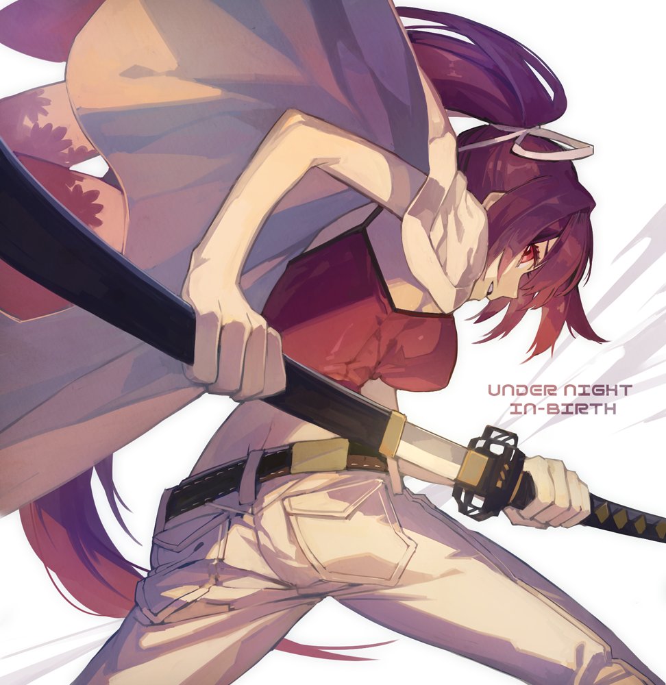 1girl butt_crack drawing_sword hair_ribbon katana looking_back midriff pants ponytail red_eyes redhead ribbon robe solo suzunashi sword tank_top under_night_in-birth weapon white_background white_pants yuzuriha_(under_night_in-birth)