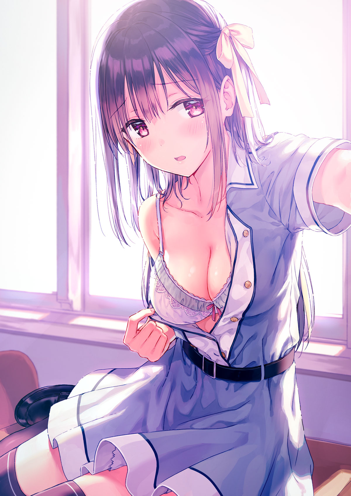 1girl bangs belt bent_knees black_legwear blush bow bra breasts buttons cleavage collar collarbone collared_dress commentary cover cover_page doujin_cover dress eyebrows_visible_through_hair hair_bow hair_ornament highres hiten_(hitenkei) long_hair looking_at_viewer medium_breasts original self_shot shoes short_sleeves sitting solo sunlight thigh-highs unbuttoned underwear undressing violet_eyes window windowsill zettai_ryouiki