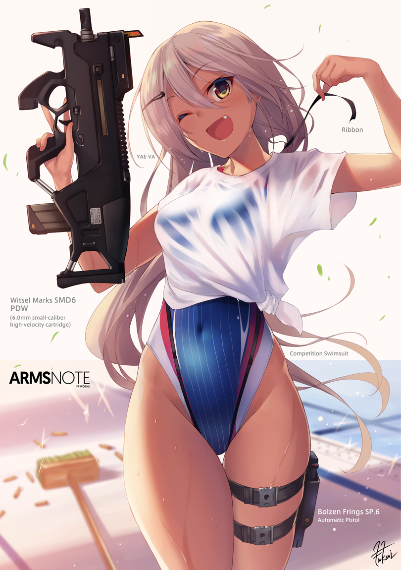 1girl ;d blurry breasts brown_eyes bullpup commentary_request competition_swimsuit covered_navel depth_of_field fang fukai_ryousuke grey_hair gun hair_ornament hair_ribbon hairclip highleg highleg_swimsuit holster long_hair looking_at_viewer one-piece_swimsuit one_eye_closed open_mouth original revision ribbon see-through shirt small_breasts smile solo swimsuit swimsuit_under_clothes thigh_gap thigh_holster thigh_strap tied_shirt trigger_discipline untying very_long_hair weapon wet wet_clothes