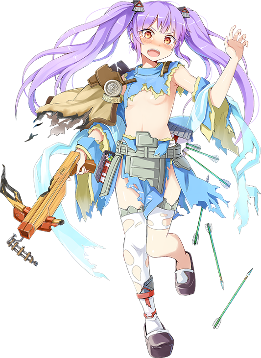 1girl arrow blush bowgun breasts broken broken_weapon emerane flat_chest full_body holding holding_weapon long_hair open_mouth oshiro_project oshiro_project_re purple_hair red_eyes taga_(oshiro_project) tearing_up thigh-highs transparent_background twintails under_boob very_long_hair weapon
