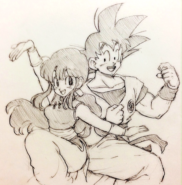 1boy 1girl :d black_eyes chi-chi_(dragon_ball) chinese_clothes clenched_hand couple dougi dragon_ball eye_contact happy long_hair looking_at_another looking_back monochrome one_leg_raised open_mouth outstretched_arms ponytail short_hair simple_background smile son_gokuu spiky_hair tkgsize wristband