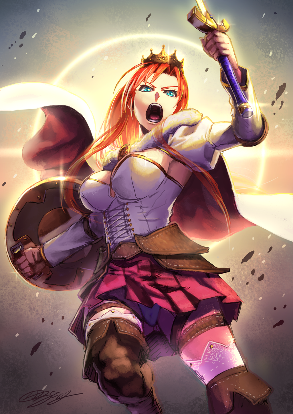 1girl armor ass boots boudica_(fate/grand_order) breasts cape cleavage corset crown fate/grand_order fate_(series) from_below fur-trimmed_cape fur_trim gluteal_fold green_eyes higashiyama_hayato highres large_breasts leather leather_boots open_mouth panties pantyshot pantyshot_(standing) redhead shield sideboob skirt solo standing sword thigh-highs thigh_boots thigh_strap underwear upskirt weapon